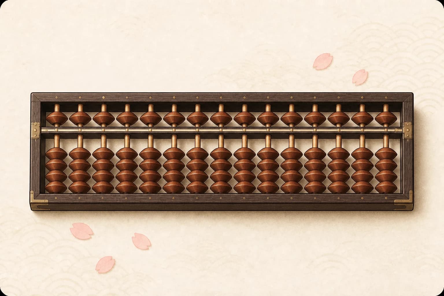 Traditional wooden soroban on a light background with sakura petals